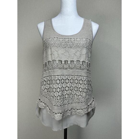 Tan Embroidered Lace Overlay Tank Top Size Medium Boho Beach Casual - Picture 1 of 11